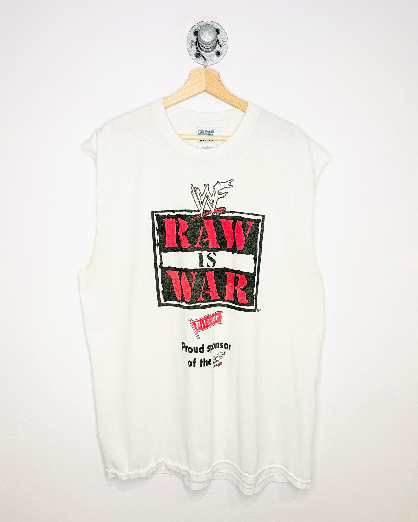 Vintage Early 2000s WWF Raw Is War White Cut Off Tank Top