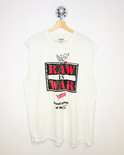 Vintage Early 2000s WWF Raw Is War White Cut Off Tank Top