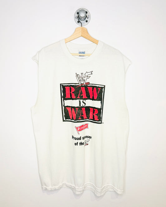 Vintage Early 2000s WWF Raw Is War White Cut Off Tank Top
