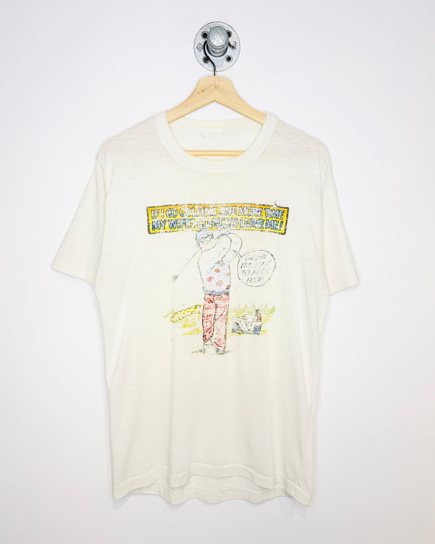 Vintage 80s “Damn I’m Going To Miss Her” Paper Thin White Golf Tee Shirt