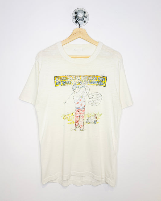 Vintage 80s “Damn I’m Going To Miss Her” Paper Thin White Golf Tee Shirt