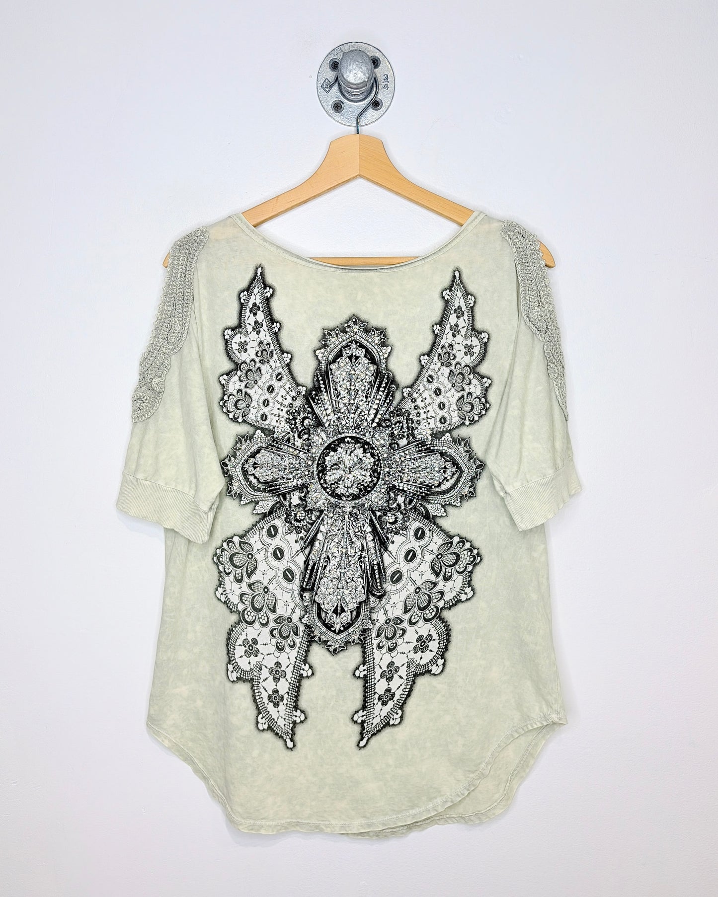 Local U.S.A Rhinestone “Affliction Style” Braided Shoulder Short Sleeve Tee Shirt