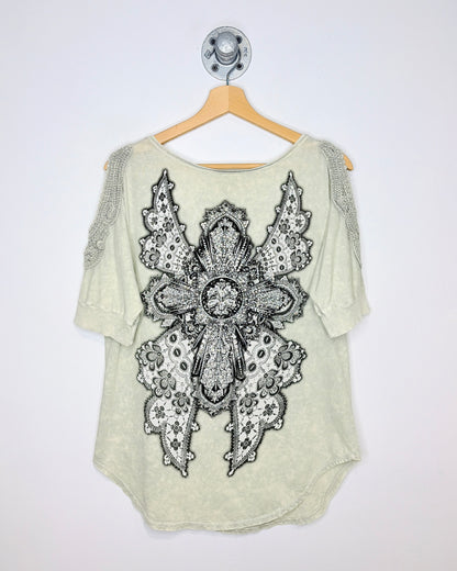 Local U.S.A Rhinestone “Affliction Style” Braided Shoulder Short Sleeve Tee Shirt