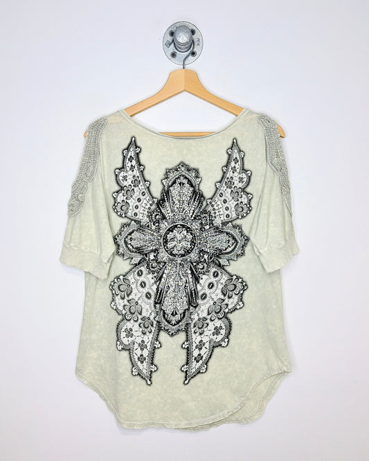 Local U.S.A Rhinestone “Affliction Style” Braided Shoulder Short Sleeve Tee Shirt