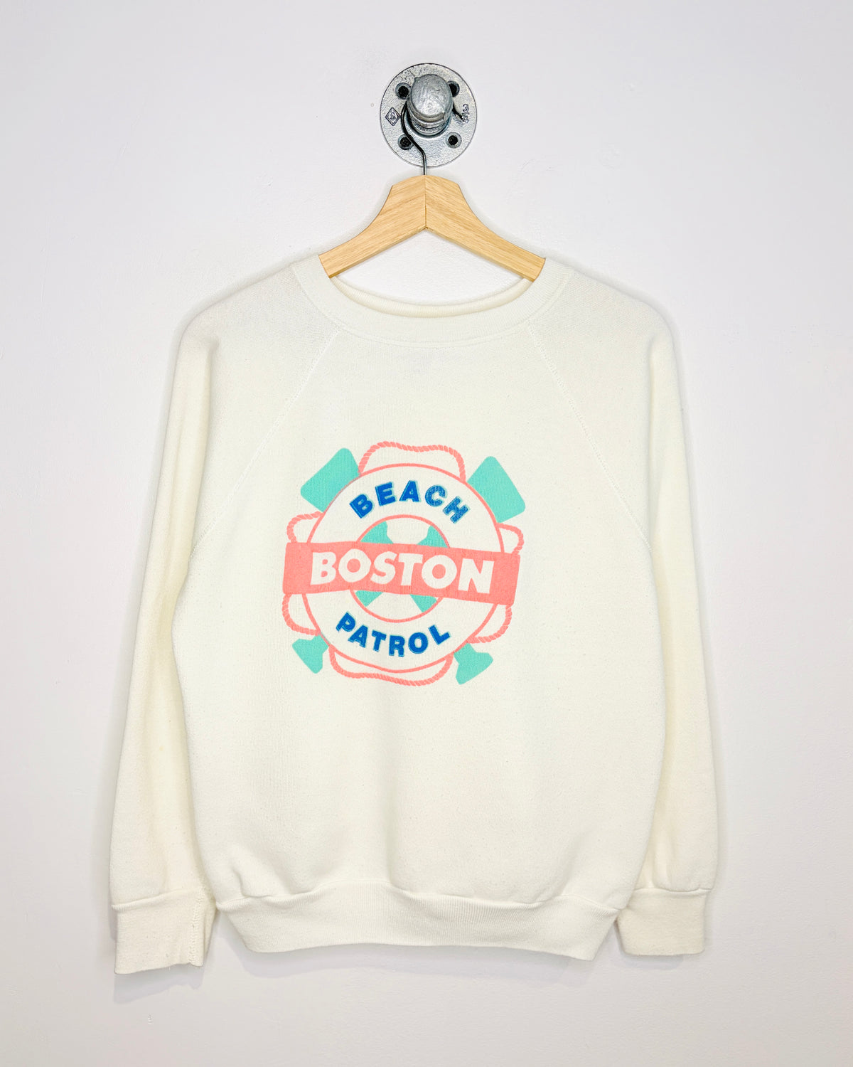 Vintage 80s Boston Beach Patrol White Raglan Crewneck Sweatshirt