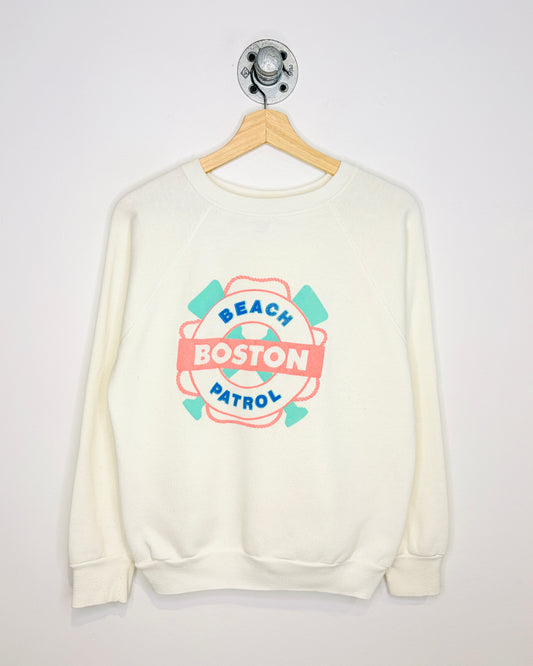 Vintage 80s Boston Beach Patrol White Raglan Crewneck Sweatshirt
