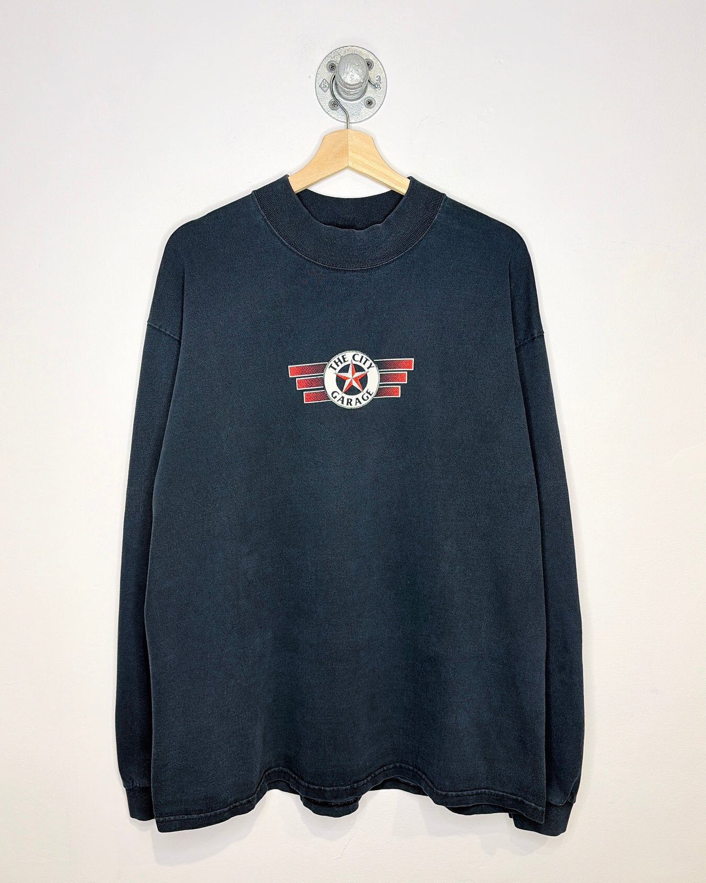 Vintage 90s The City Garage New York Faded Black Mock Neck Longsleeve Shirt