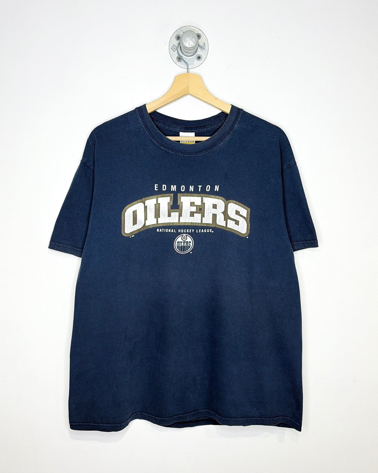 Vintage 2000s Edmonton Oilers Spellout Faded Navy Blue Tee Shirt