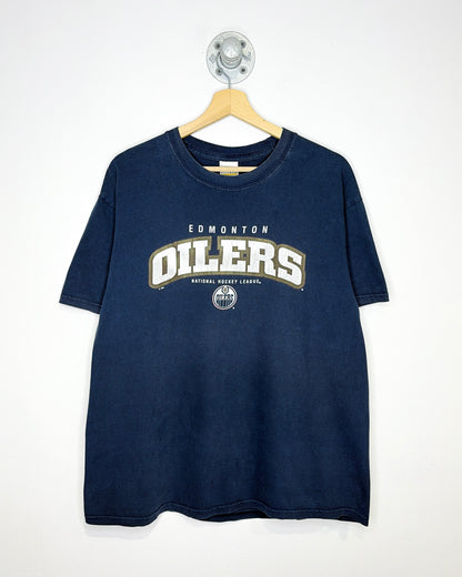 Vintage 2000s Edmonton Oilers Spellout Faded Navy Blue Tee Shirt