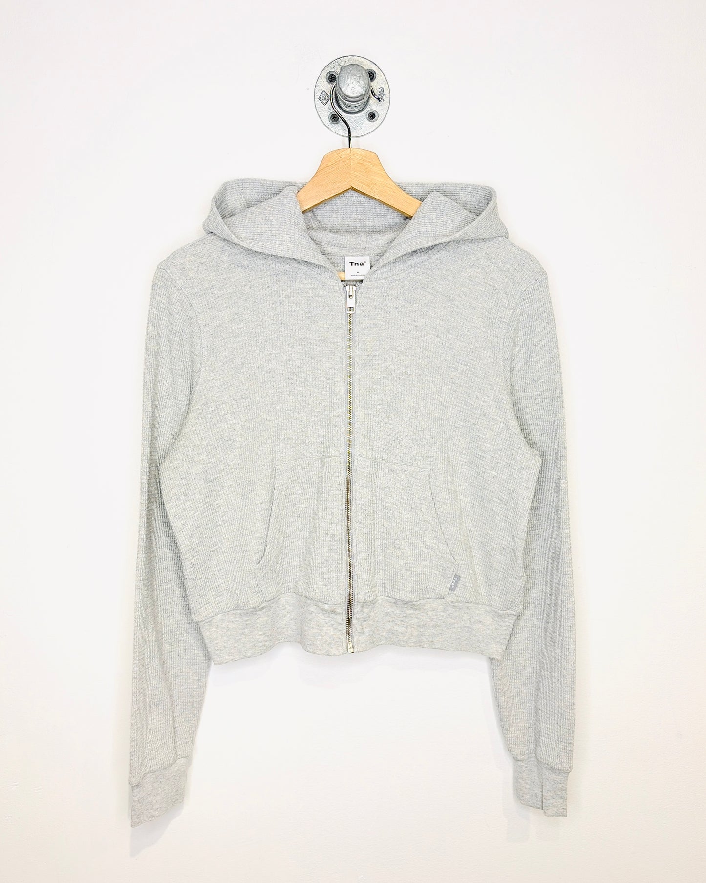 Women's TNA Cropped Light Grey Waffle Zip Up Hoodie