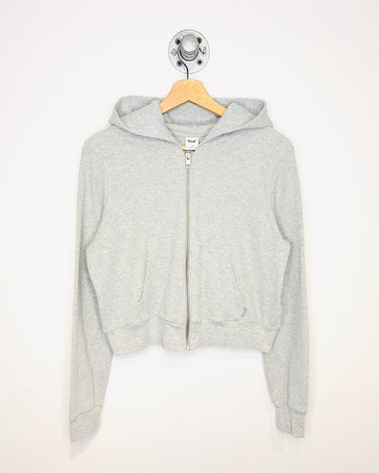 Women's TNA Cropped Light Grey Waffle Zip Up Hoodie