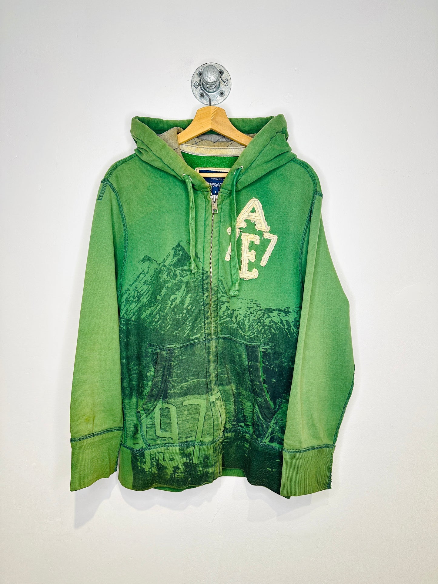 American Eagle Outfitters Green AE 77 Embroidered Zip Up Hoodie