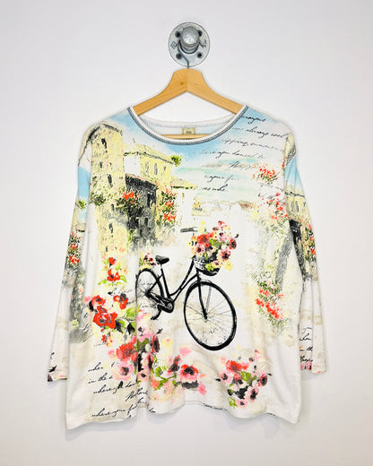 Jess & Jane Bicycle And Flowers Rhinestone Graphic Print Tee Shirt