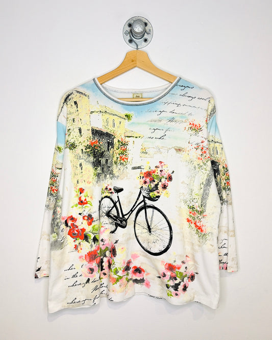 Jess & Jane Bicycle And Flowers Rhinestone Graphic Print Tee Shirt