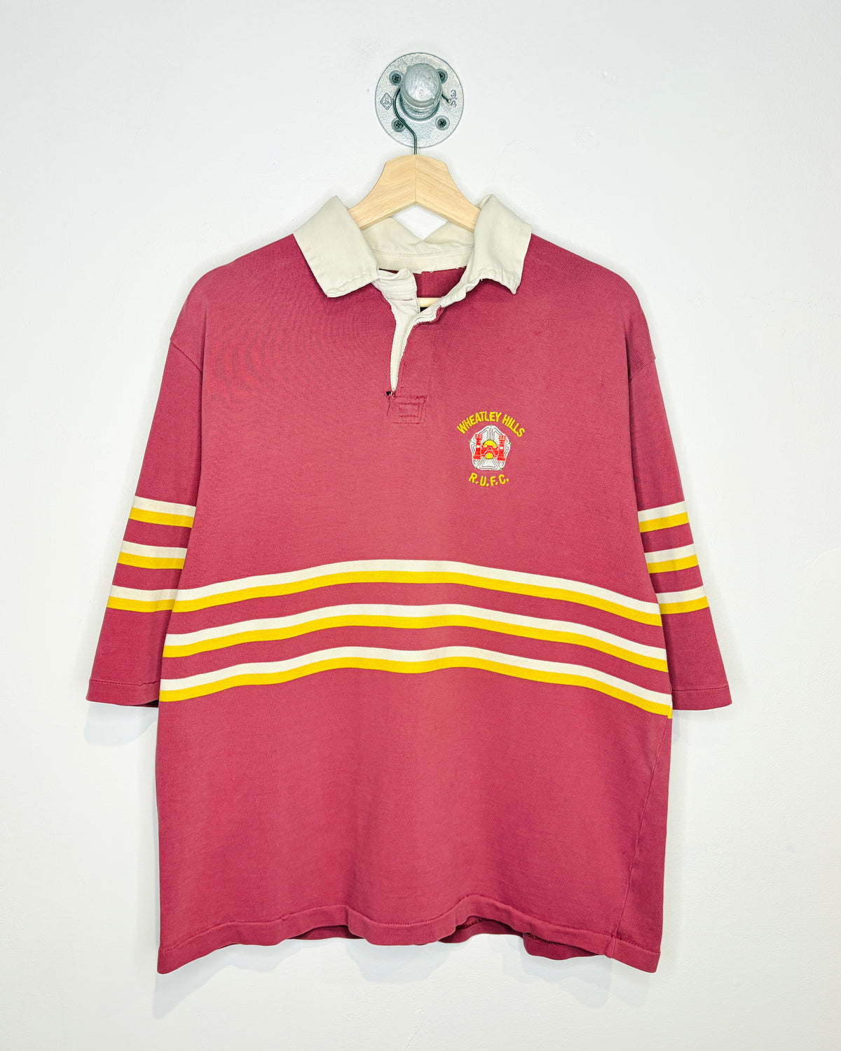 Vintage 1990s Wheatly Hills Short Sleeve Burgundy And Yellow Rugby Shirt