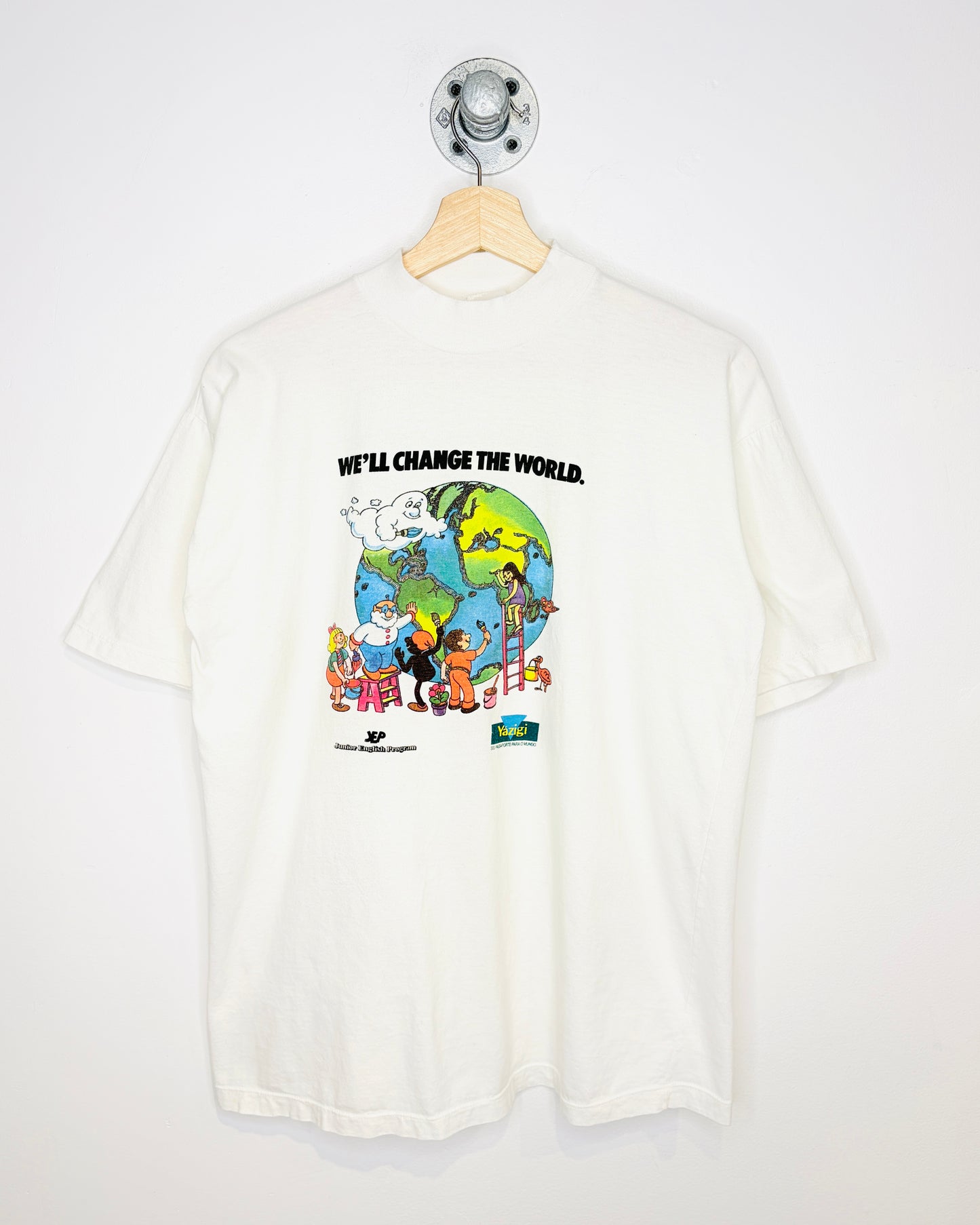Vintage 90s Yazigi “We’ll Change The World.” White Mock Neck Tee Shirt