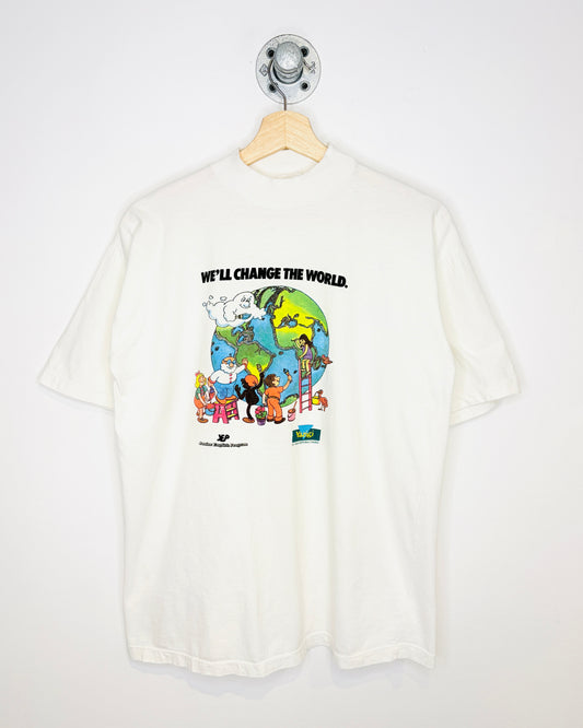 Vintage 90s Yazigi “We’ll Change The World.” White Mock Neck Tee Shirt