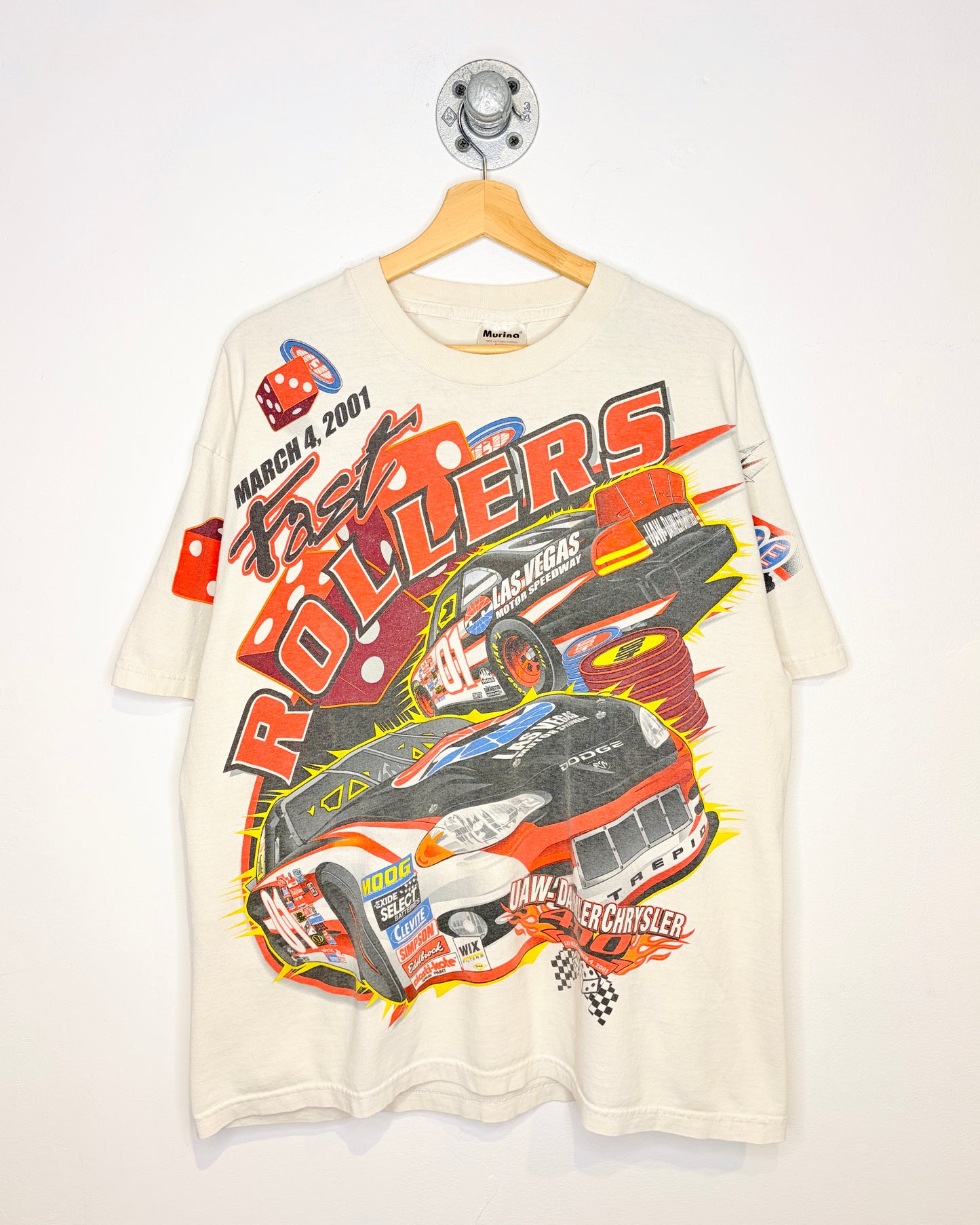 Vintage 2001 Fast Rollers White AOP NASCAR Tee Shirt
