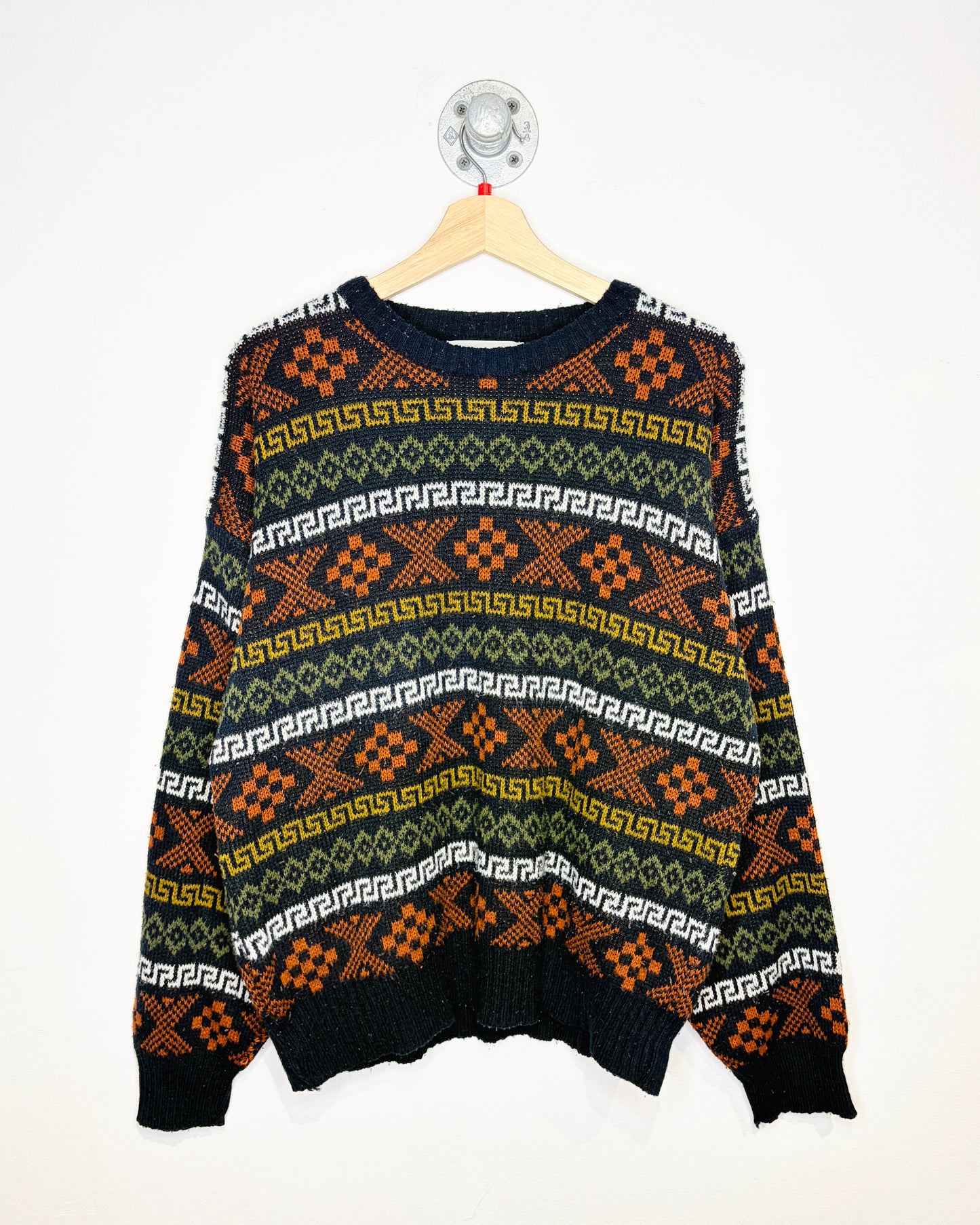 Vintage 1990s Jonathan Bryan Green and Orange Aztec Print Acrylic Sweater