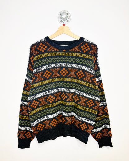 Vintage 1990s Jonathan Bryan Green and Orange Aztec Print Acrylic Sweater