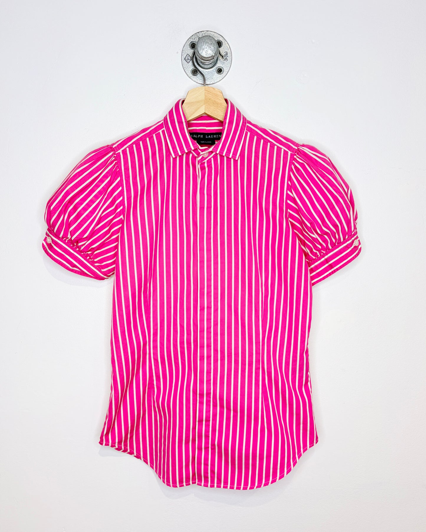2000s Women’s Ralph Lauren Pink Striped Short Sleeve Button Up Shirt