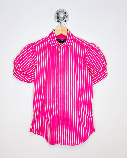2000s Women’s Ralph Lauren Pink Striped Short Sleeve Button Up Shirt
