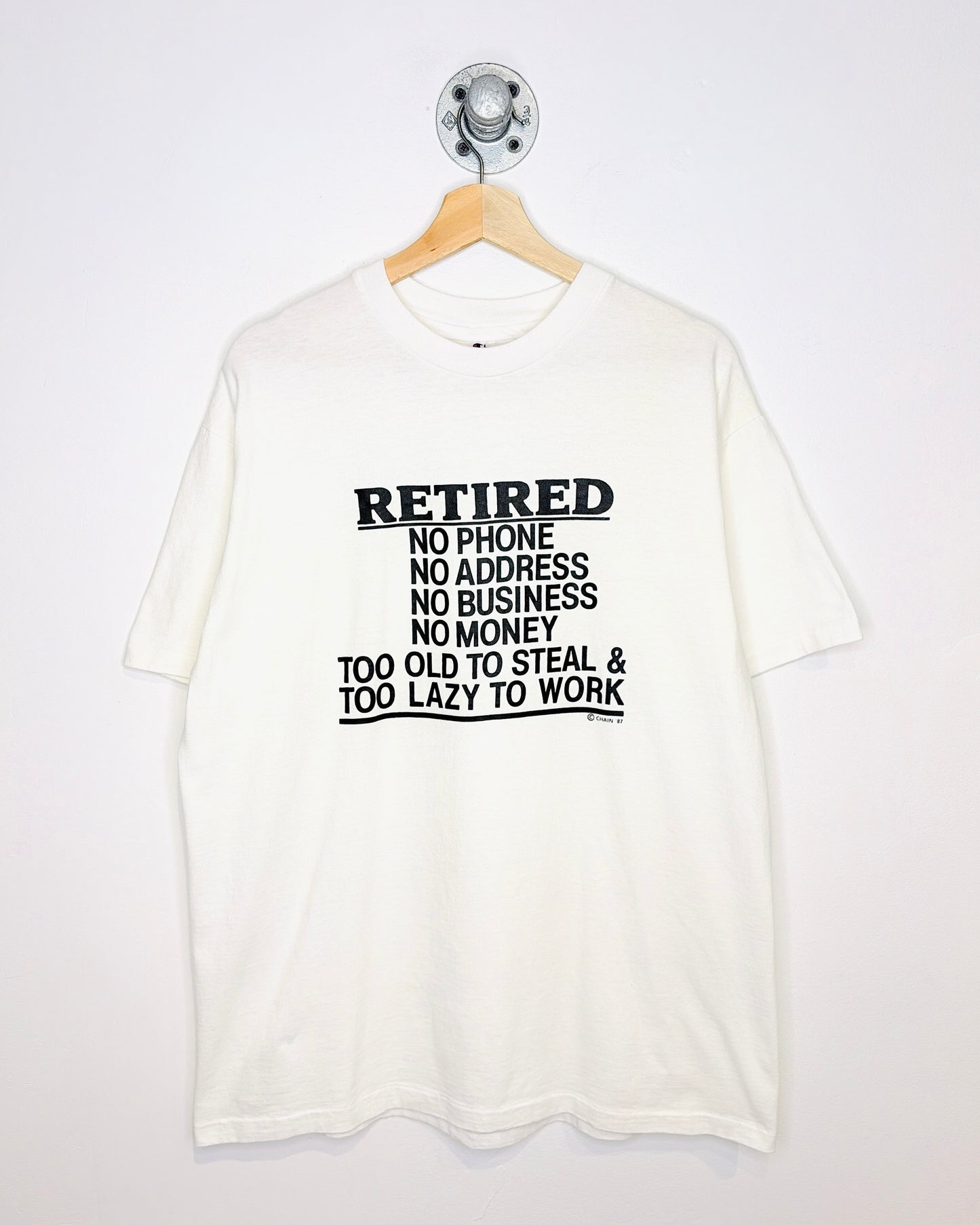 Vintage 1987 “Retired” Graphic Print White Tee Shirt