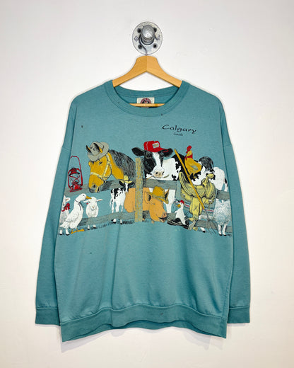 Vintage 90s Calgary Canada Farm Animals Teal Crewneck Sweatshirt