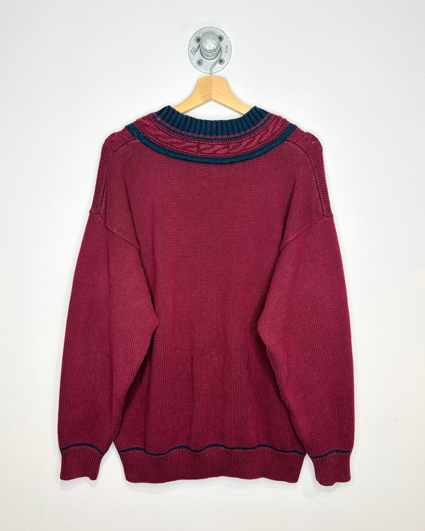 Vintage 90s John Ashford Navy & Red Cable Knit V-Neck Sweater