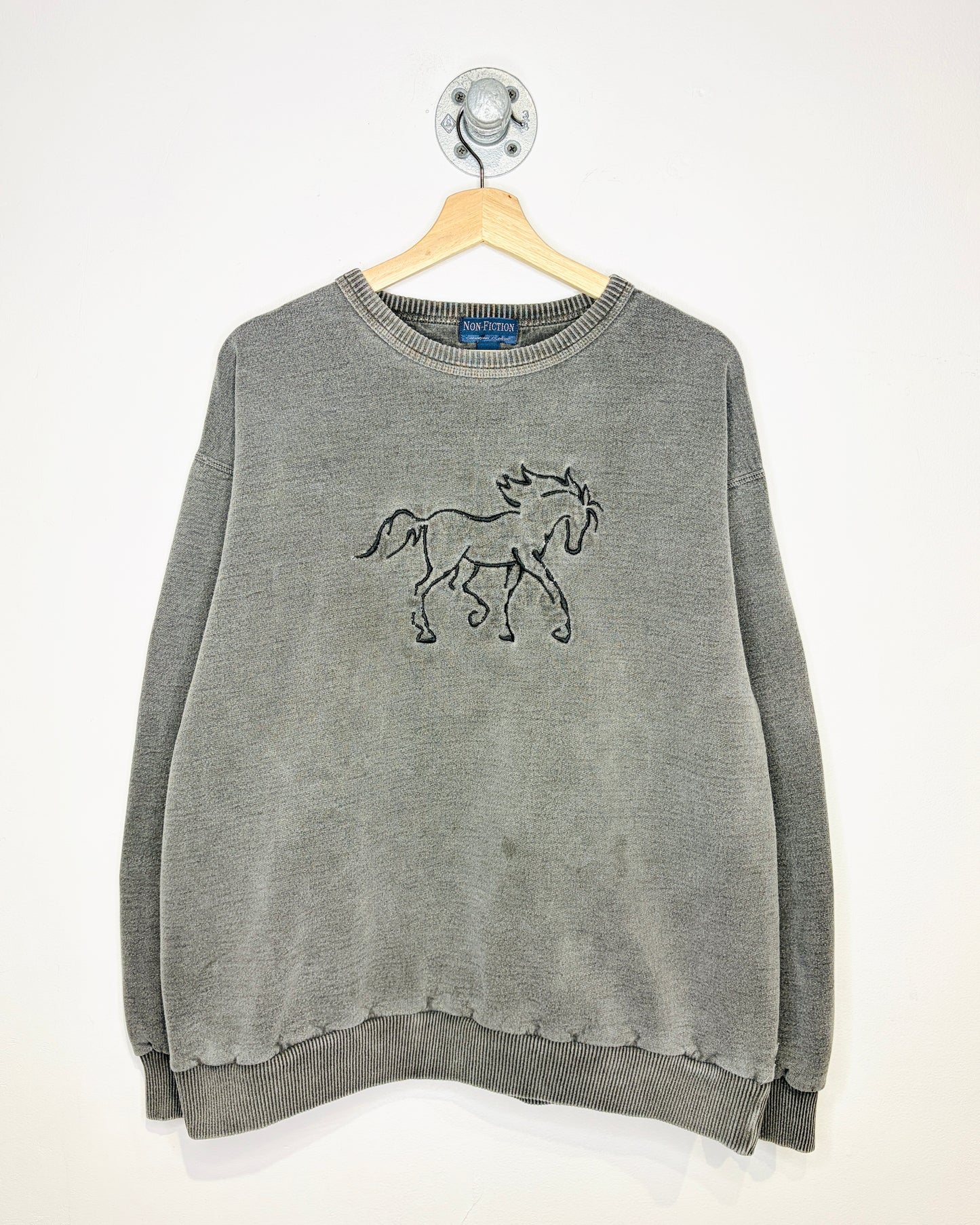 Vintage 90s Horse Embroidery Charcoal Grey Crewneck Sweatshirt