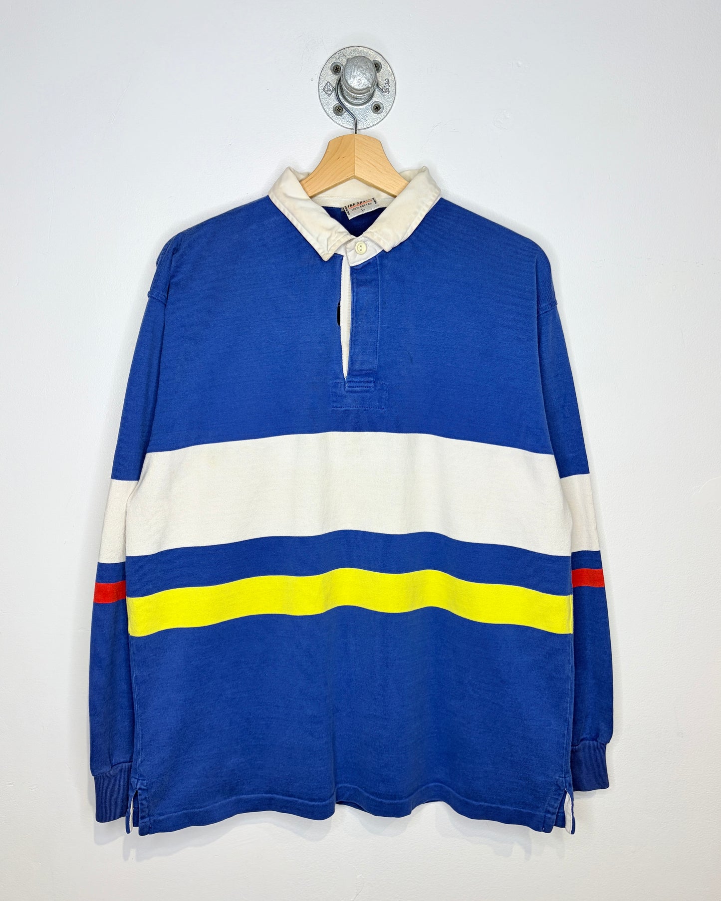 Vintage 1990s Norsport Blue And Yellow Striped Long Sleeve Polo Shirt