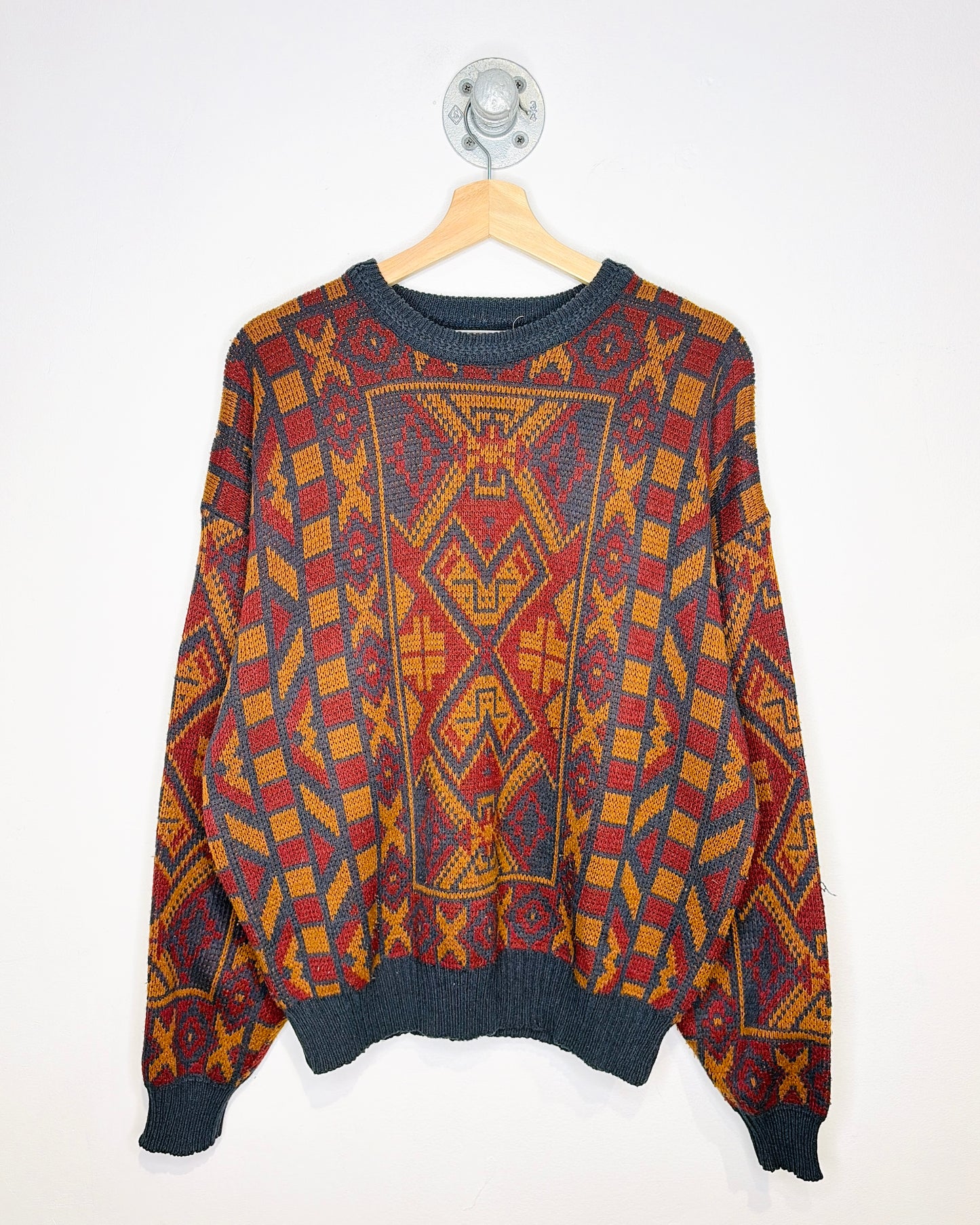 Vintage 1980s Celebrity Club Burgundy And Brown Geometric Patterned Sweater