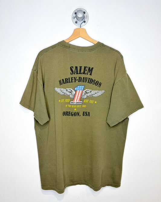 Harley Davidson Salem Oregon Faded Army Green Tee Shirt