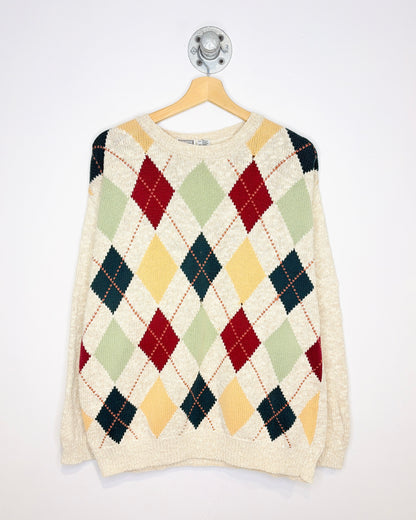 Vintage 1990s Classic Argyle Patterned Oatmeal Cotton Blend Sweater
