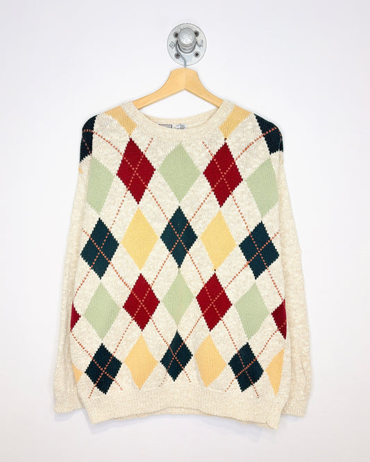 Vintage 1990s Classic Argyle Patterned Oatmeal Cotton Blend Sweater