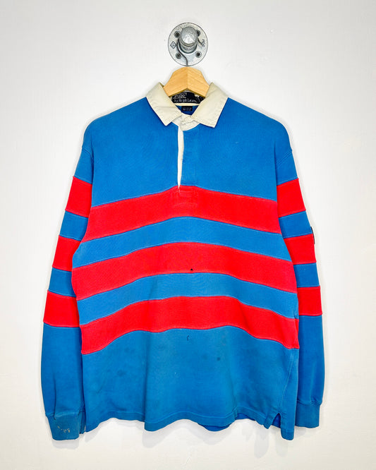 Vintage 1990s Polo Ralph Lauren Blue And Red Distressed Rugby Shirt