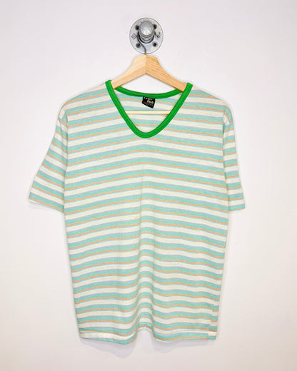 Vintage 90s Women’s Green & White Striped V-Neck Tee Shirt