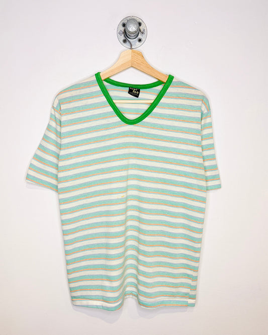 Vintage 90s Women’s Green & White Striped V-Neck Tee Shirt