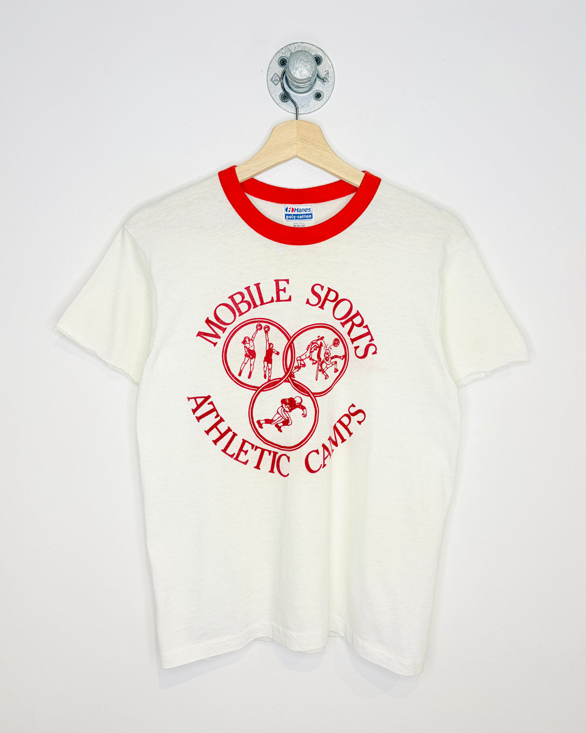 Vintage 80s Mobile Sports Athletic Camps White & Red Paper Thin Tee Shirt