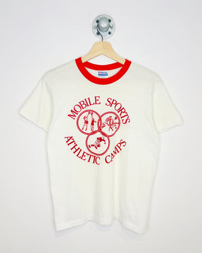 Vintage 80s Mobile Sports Athletic Camps White & Red Paper Thin Tee Shirt