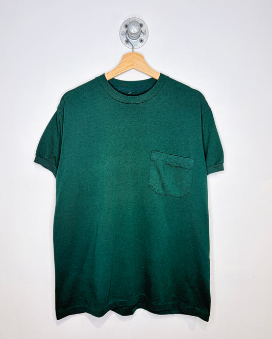 Vintage 90s Blank Forest Green Ringer Pocket Tee Shirt