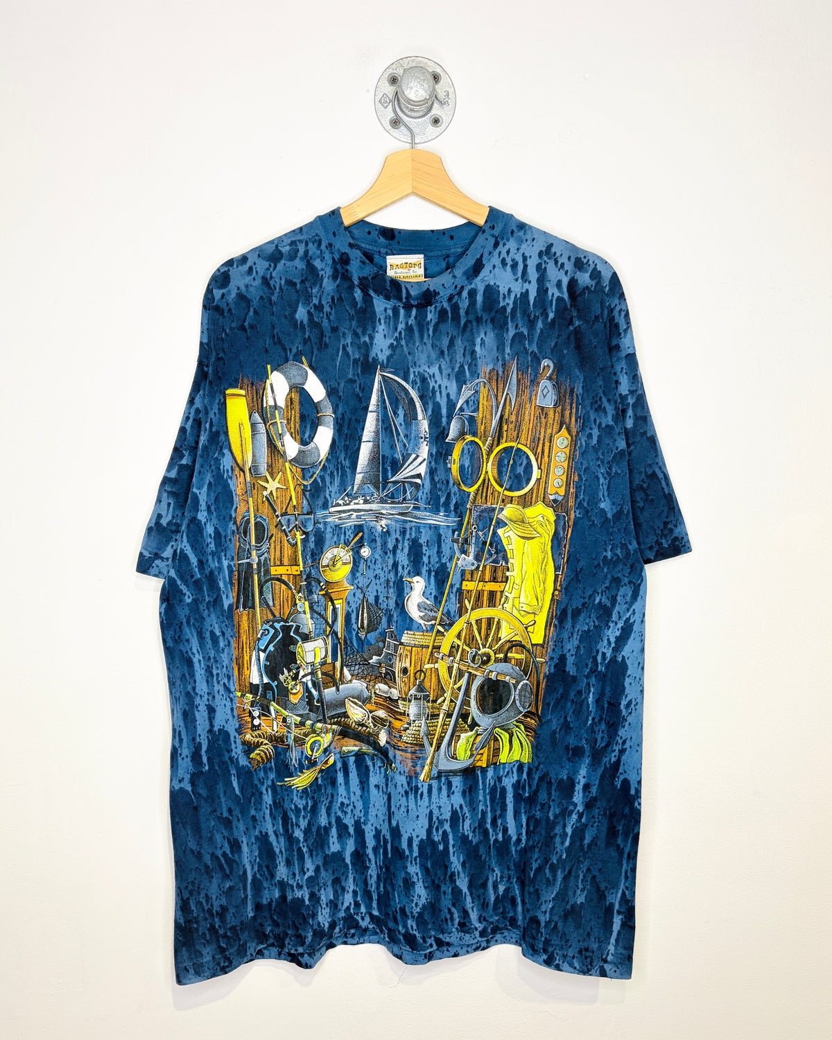 Vintage 1990s Sailing Marble Blue Graphic Print Tee Shirt