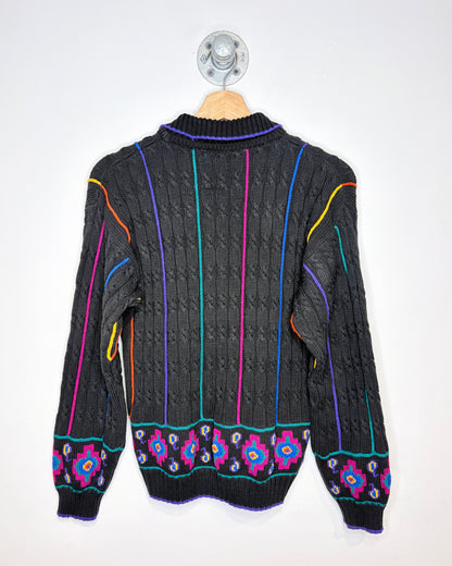 Vintage 90s Black & Multi Coloured Cable Knit Collared Sweater