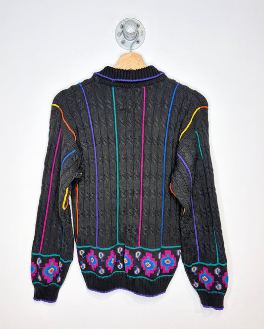 Vintage 90s Black & Multi Coloured Cable Knit Collared Sweater