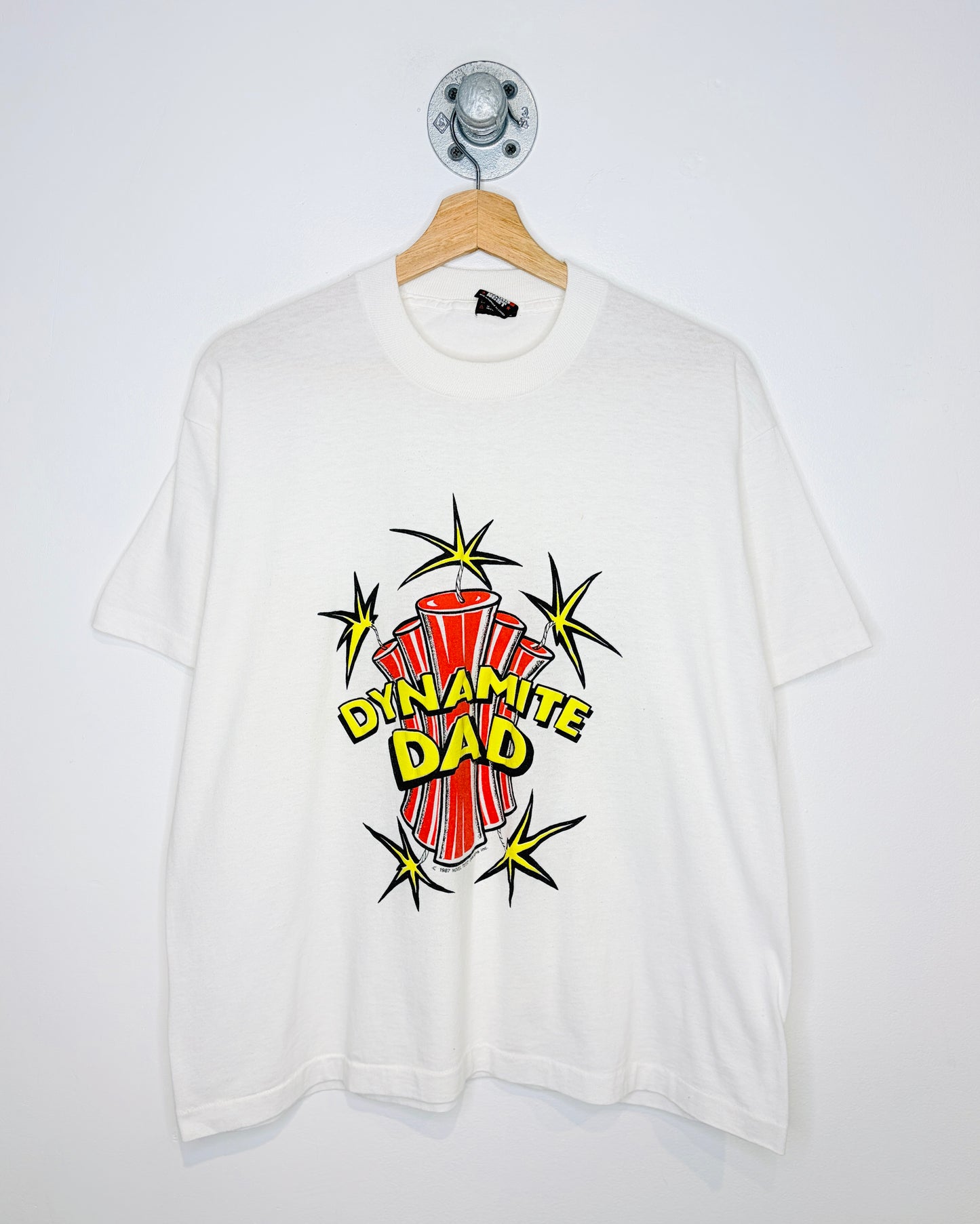 Vintage 1987 Boxy Novel Teez “Dynamite Dad” Paper Thin White Tee Shirt