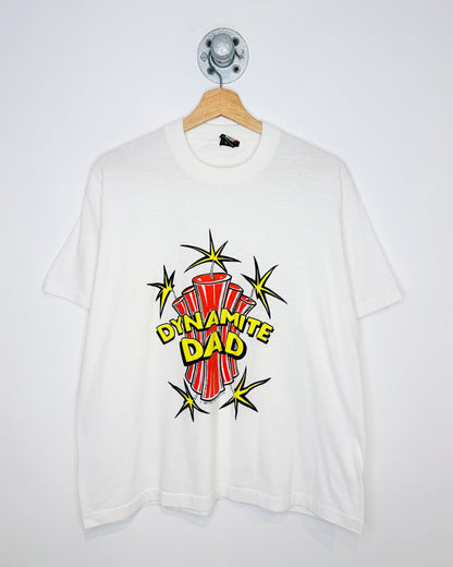 Vintage 1987 Boxy Novel Teez “Dynamite Dad” Paper Thin White Tee Shirt
