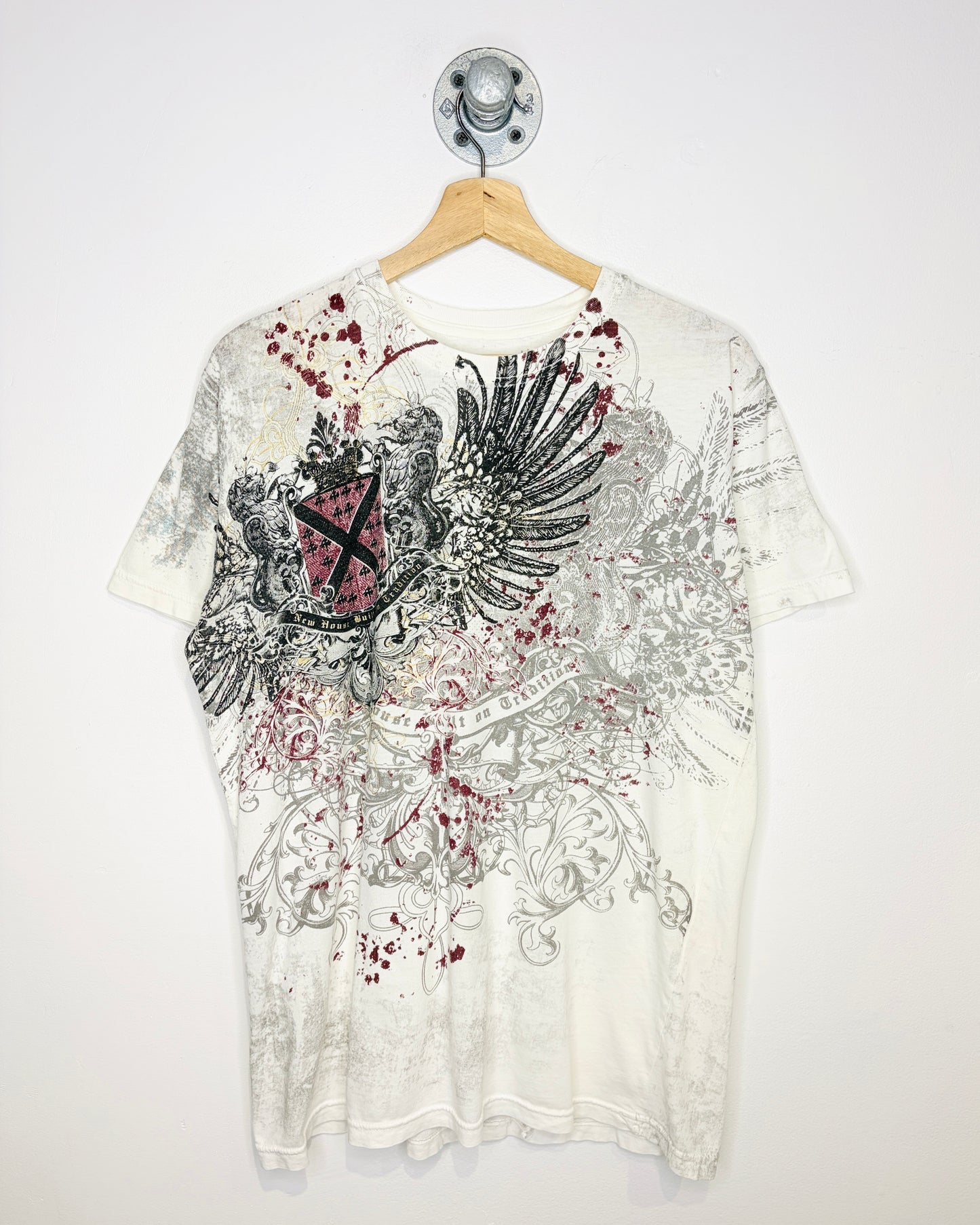 New House Built On Tradition Affliction Style Print White Tee Shirt