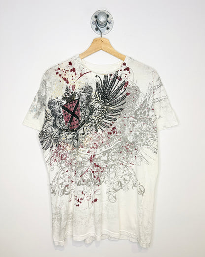 New House Built On Tradition Affliction Style Print White Tee Shirt