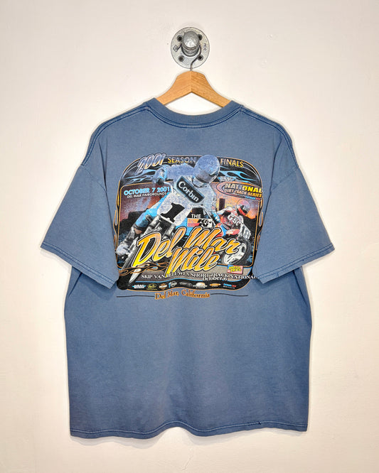 Vintage 2001 Del Mar Mile Moto Faded Slate Blue Tee Shirt