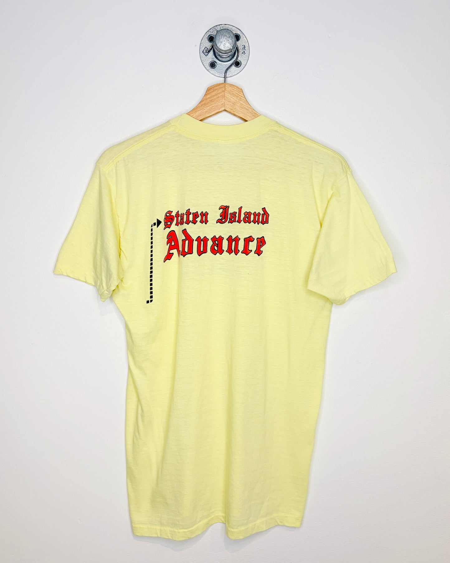 Vintage 70s “I Solved The Puzzle In The Staten Island Advance” Paper Thin Pale Yellow Tee Shirt